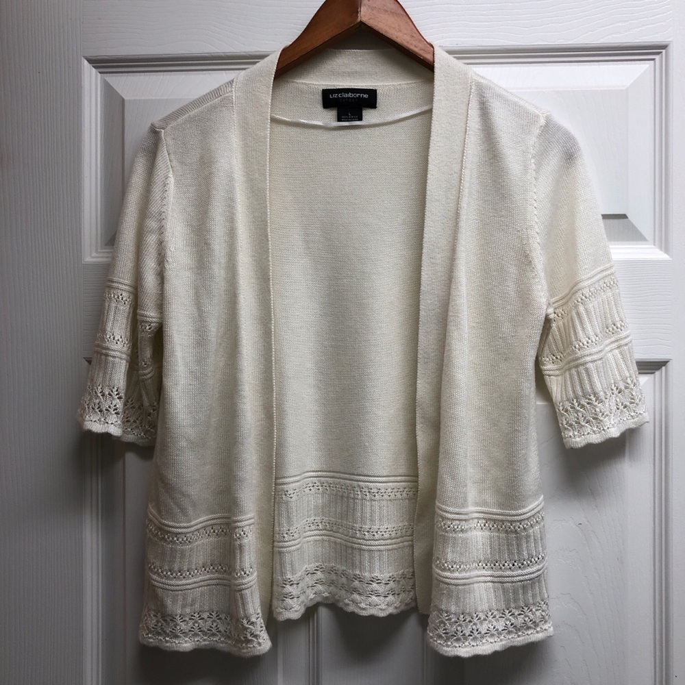Liz Claiborne Cream Open-Front Crochet Trim Sweater Cardigan Large
